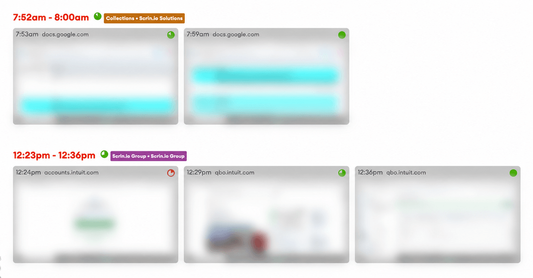 The timeline, with an activity level on each screenshot and each block of tracked time